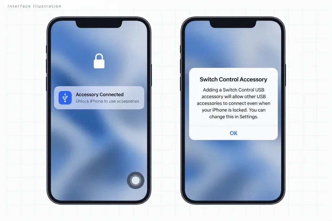 Interface illustration comparing an accessory unlock notice with a Switch Control accessory dialog