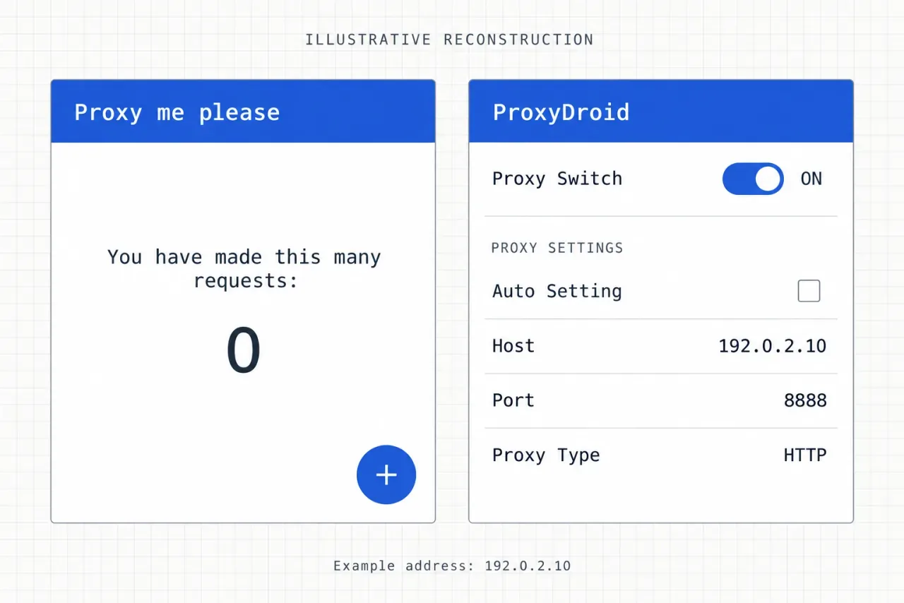 界面示意图:计数为 0 的 Flutter App,以及代理开关已开启的 ProxyDroid 设置