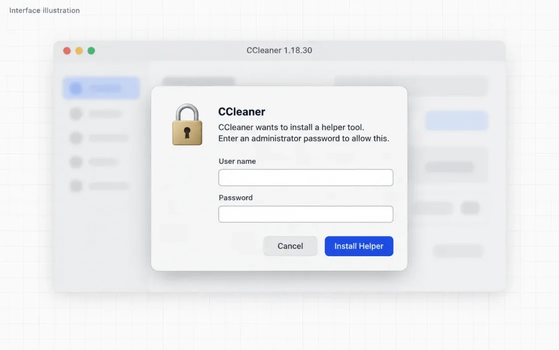 Interface illustration of the CCleaner helper installation dialog, with both identity fields empty.