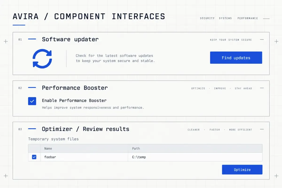 Interface illustration: software updates, the Performance Booster setting, and the temporary-folder cleanup list.